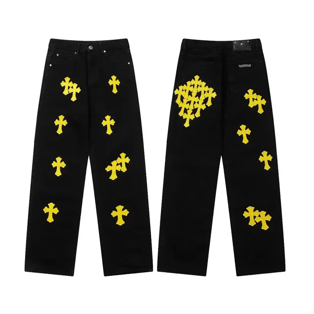 Chrome Hearts Cross Patch Jeans Yellow Cross Embroidery