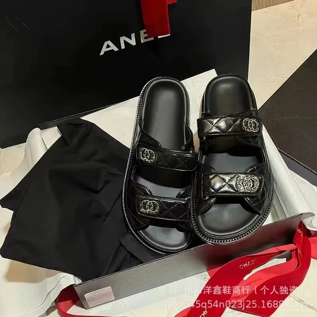 Chanel Double Strap Slide Sandal Quilted Leather with CC Logo