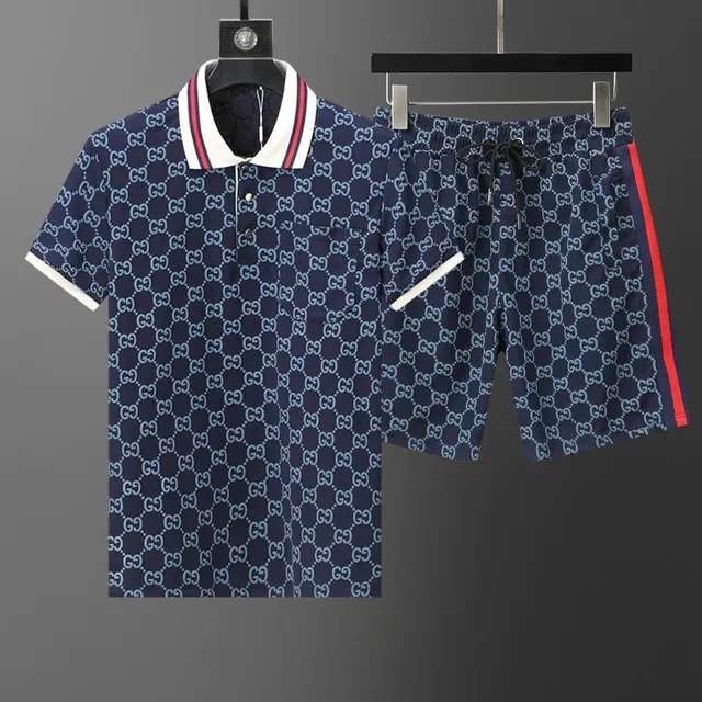 Gucci GG Print Polo and Shorts Set Navy with Web Trim