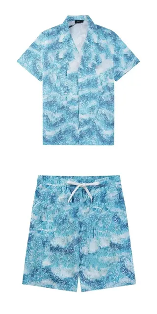 Amiri Short-Sleeve Shirt and Shorts Set Ocean Wave Print