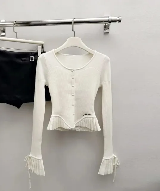 Off-White Ribbed Knit Cardigan Frill Cuff
