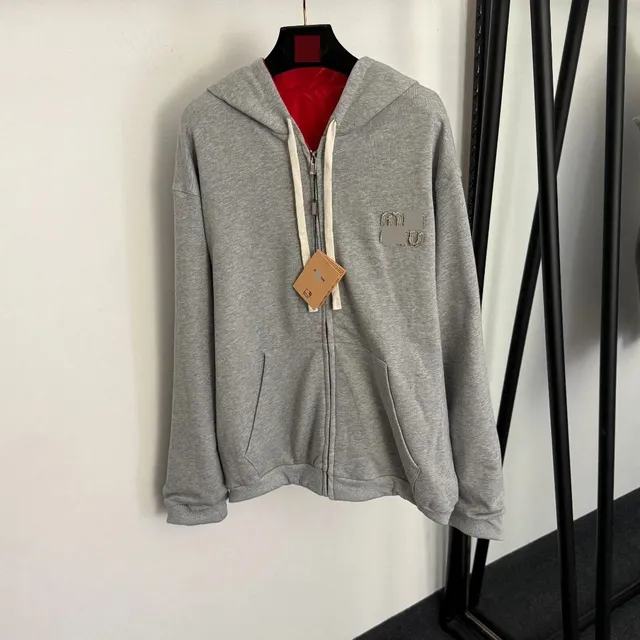 Miu Miu Zip-Up Hoodie Grey with Red Lining