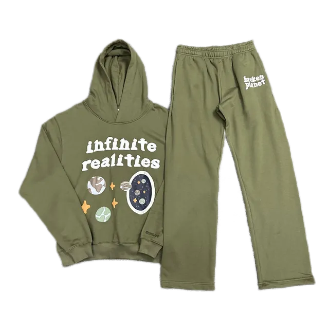 Broken Planet Hoodie and Joggers Set Olive Green Space Print