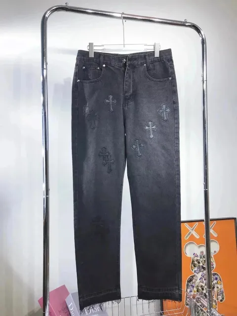Chrome Hearts Cross Embroidered Jeans Black Distressed