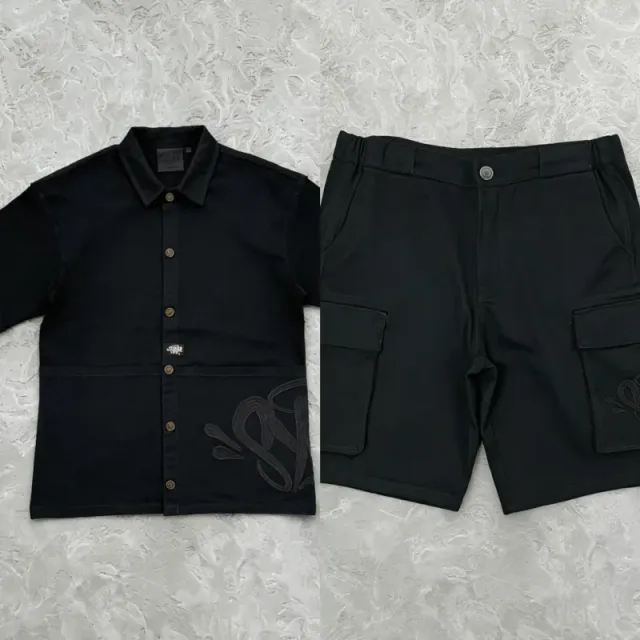 Balenciaga Short-Sleeve Shirt & Cargo Shorts Set Black Embroidered Logo