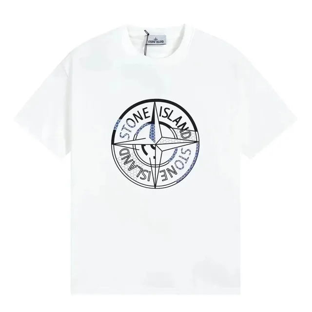 Stone Island Compass Logo T-Shirt White with Blue Hexagon Print