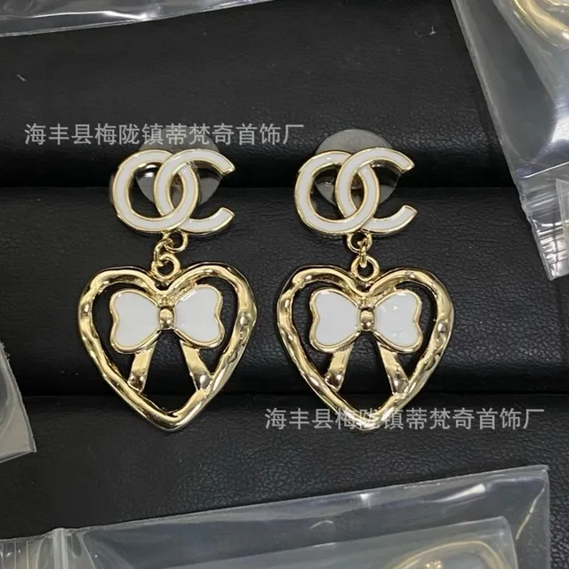 Chanel Heart Bow Earrings Gold-tone with White Enamel