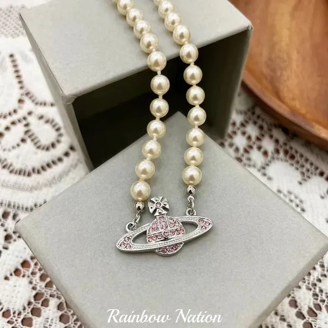 Vivienne Westwood Orb Necklace Pearl Chain with Pink Crystal Orb