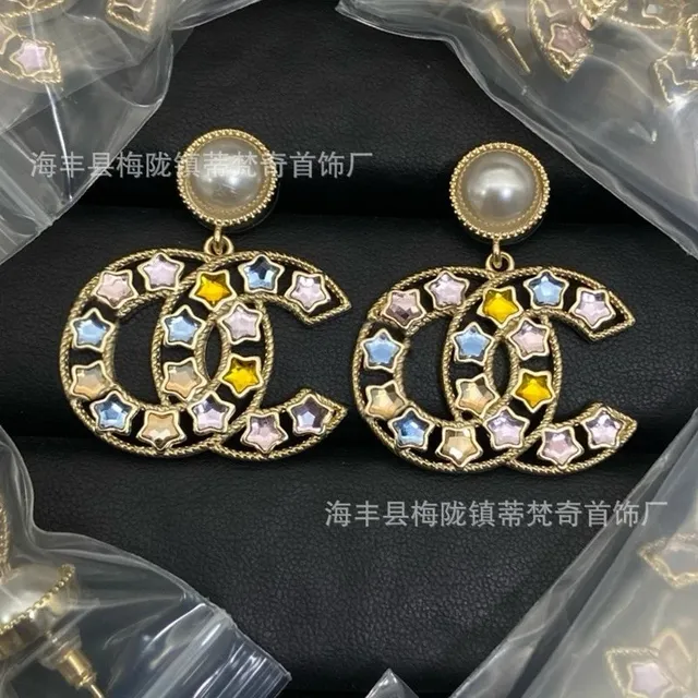 Chanel CC Star Earrings Pearl Top Multi-Color Crystal