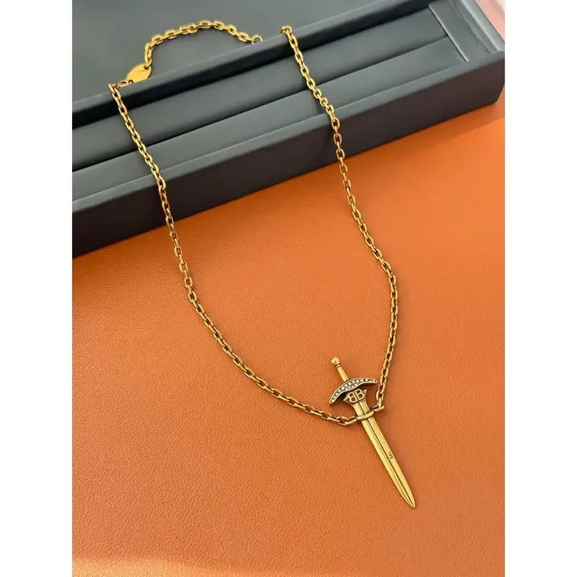 Balenciaga Sword Pendant Necklace Gold with Crystal Accents
