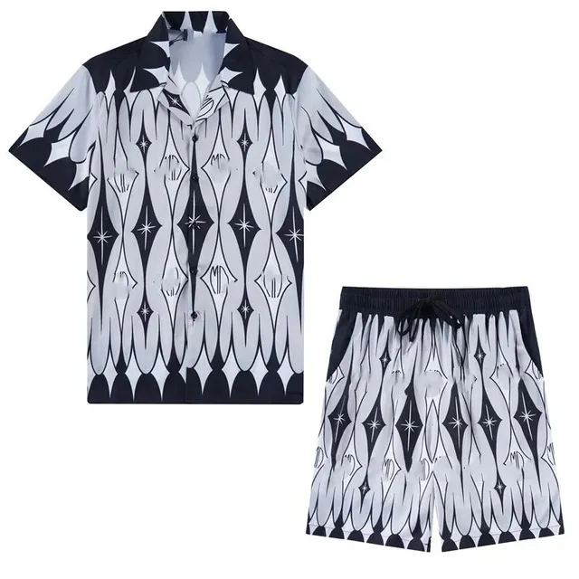 Printed Short-Sleeve Shirt and Shorts Set Geometric Star Pattern