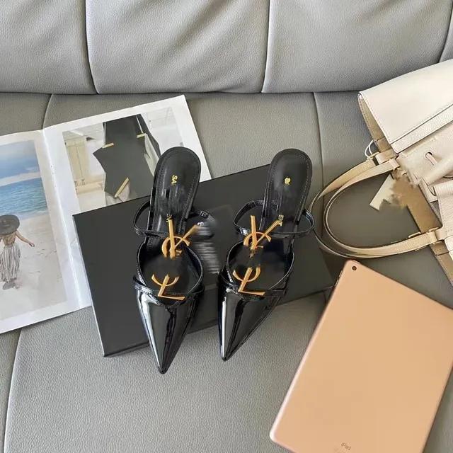 Saint Laurent Tribute Mule Patent Leather with Gold YSL Logo
