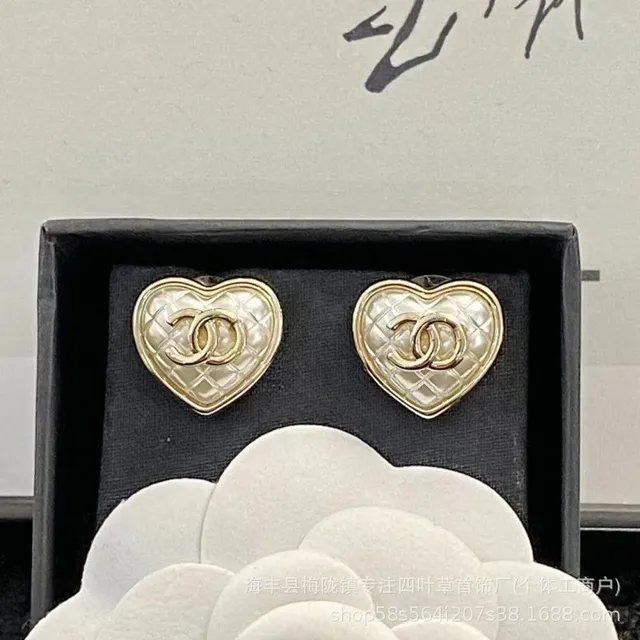 Chanel Heart Stud Earrings Quilted Pearl