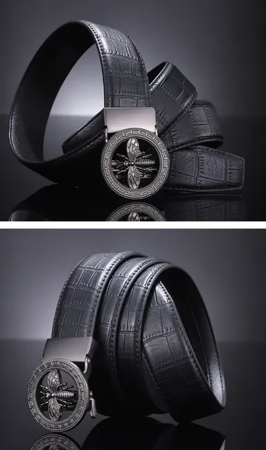 Crocodile-Embossed Belt Bee Motif Buckle