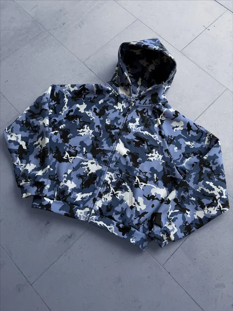满印拉链卫衣/蓝迷彩