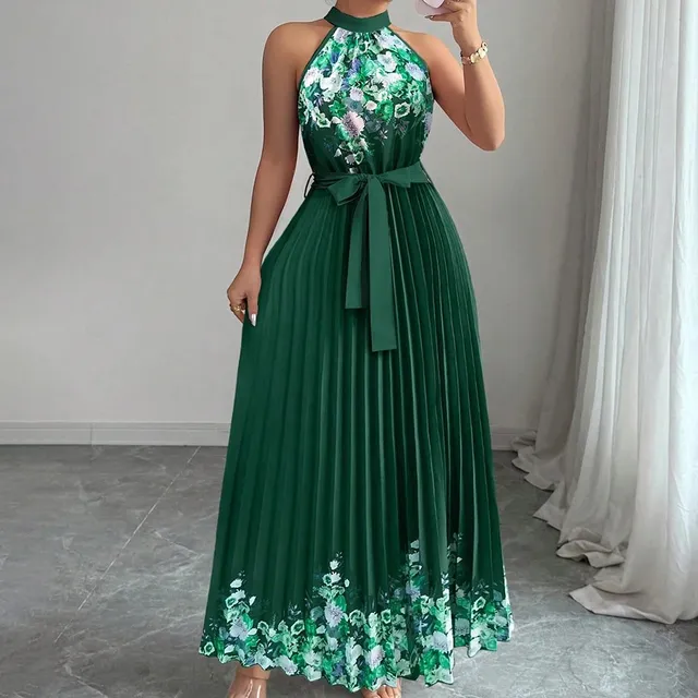 Halter Neck Pleated Maxi Dress Floral Print Green