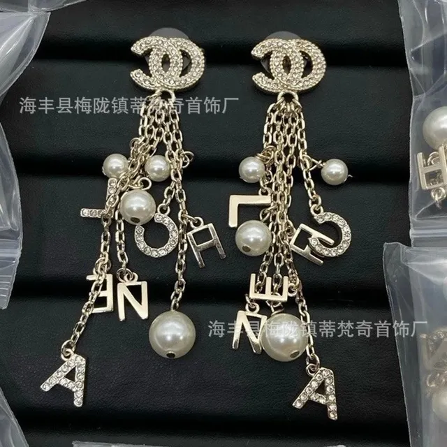 Chanel CC Logo Pearl Chain Earrings Crystal and Pearl Drop