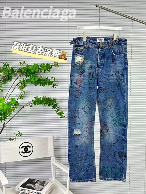 Balenciaga Distressed Denim Jeans Hand-Painted Graffiti