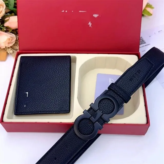 Ferragamo Gancini Belt and Wallet Set Black Grain Leather