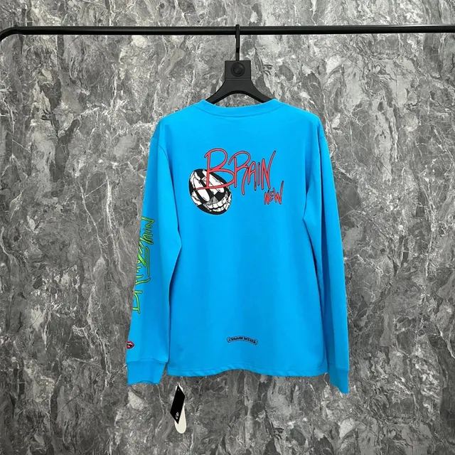 Chrome Hearts long-sleeve tee bright blue with BRAIN NEW skull graphic