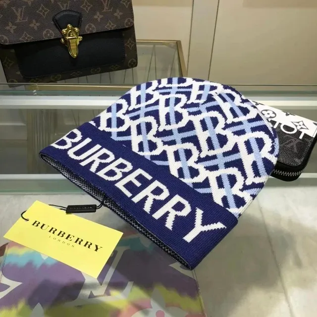 Burberry Monogram Knit Beanie Navy/White