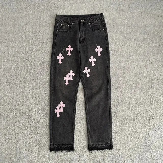 Chrome Hearts Cross Patch Jeans Pink Cross Embroidery
