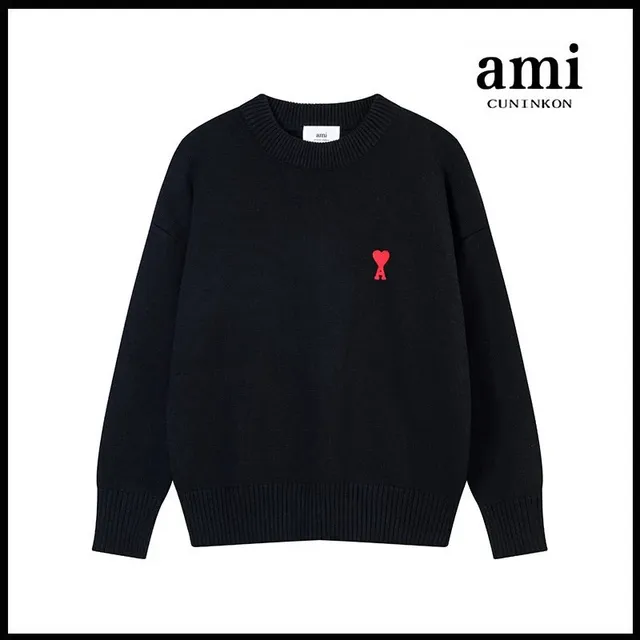 AMI Paris Cotton Knit Sweater Red Heart Logo