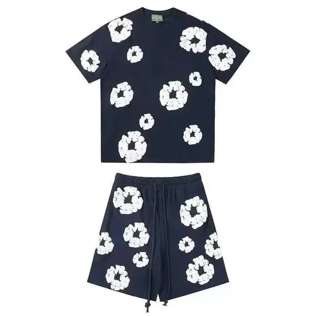 Denim Tears Scrunched Flower Set Navy with White Floral Appliqué