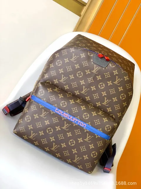 Louis Vuitton Monogram Canvas Backpack LV Logo Print with Blue Strap