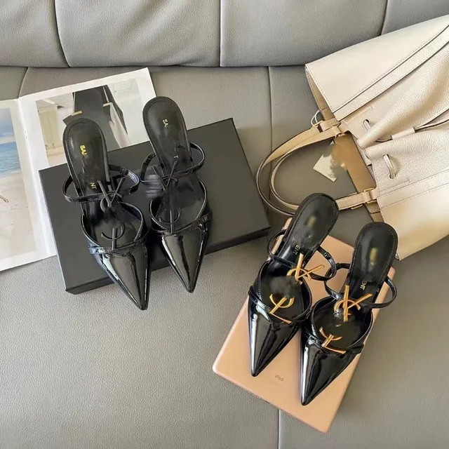 Saint Laurent Tribute Mule Patent Leather with Gold YSL Logo