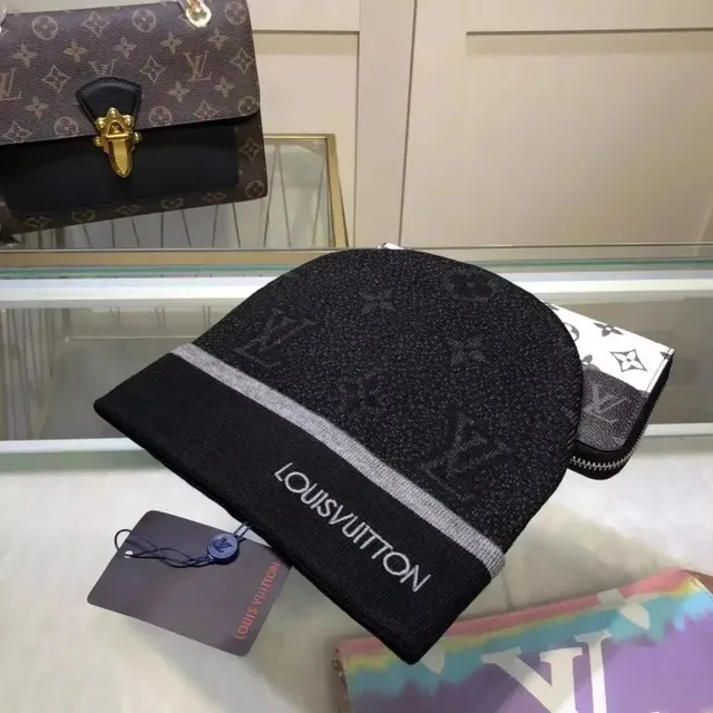 Louis Vuitton Monogram Knit Beanie Black with Grey Stripe