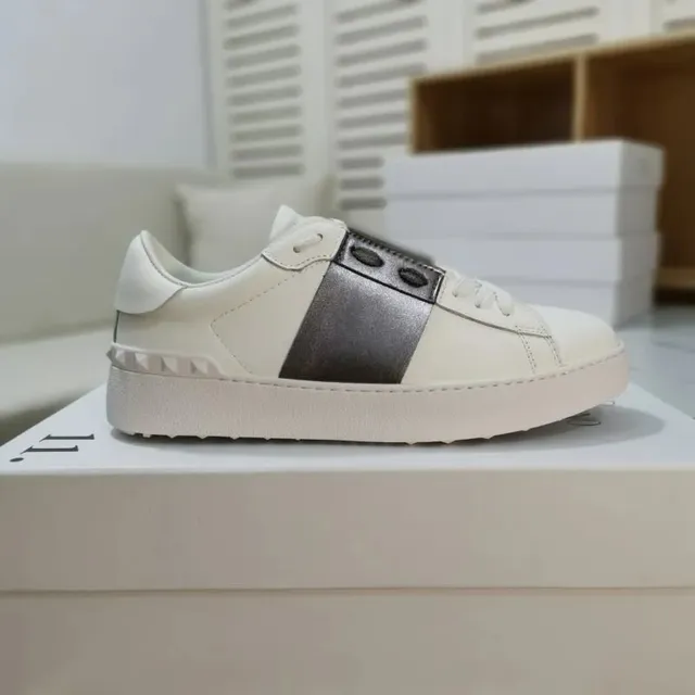Valentino Rockstud Low White with Metallic Grey Stripe