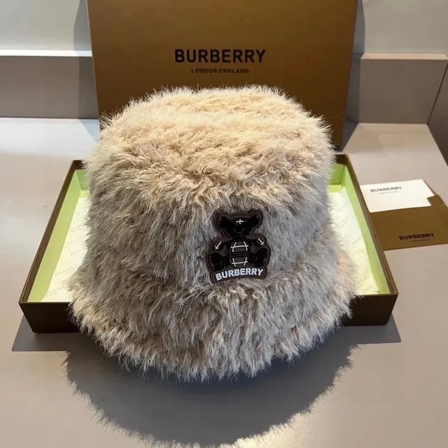 Burberry Fur Bucket Hat Bear Logo Patch