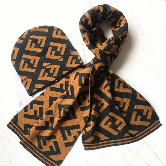 Fendi FF Logo Scarf and Beanie Set Brown and Black Monogram