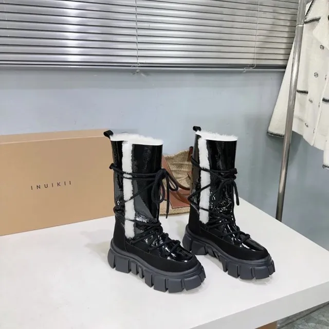 Chunky Lace-Up Boot Patent Leather with Shearling Trim