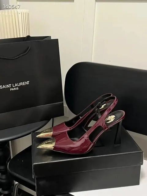 Saint Laurent Tribute Sandal Bordeaux Patent with Gold Cap Toe