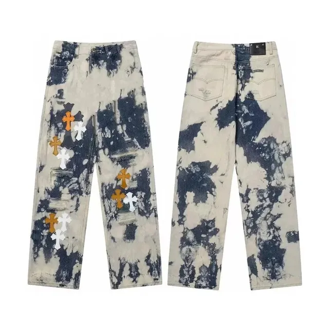 Chrome Hearts Distressed Jeans Bleach Wash with Cross Patches