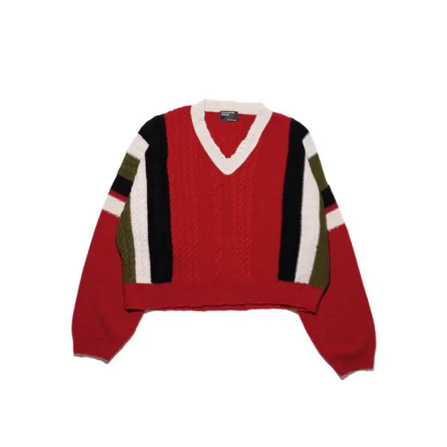 V-Neck Knit Sweater Colorblock Cable Knit