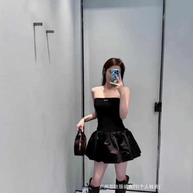 Prada Strapless Smocked Dress Ruched Waist with Puff Skirt