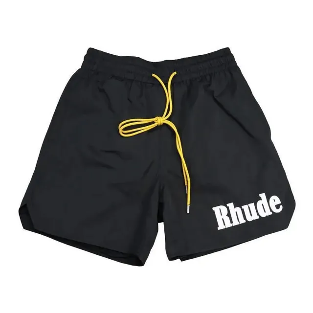 Rhude Logo Shorts Black with Yellow Drawstring