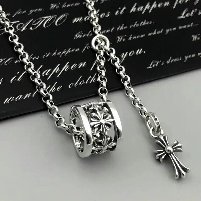 Chrome Hearts Cross Pendant Necklace Double Chain with Floral Bead