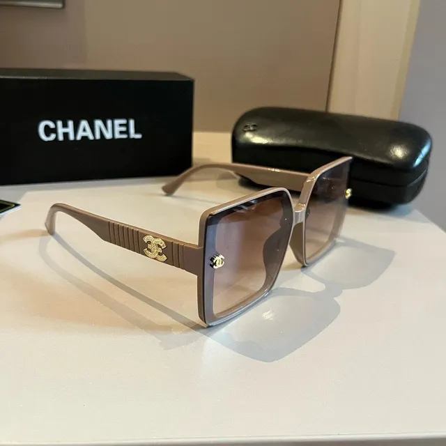 Chanel Square Sunglasses Beige Frame with Gold CC Logo