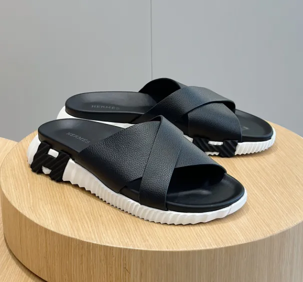 Hermès Oran Sandal Black Leather with White Sole