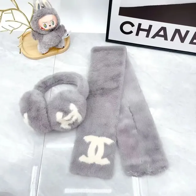 Chanel Faux Fur Scarf and Earmuffs Set CC Logo