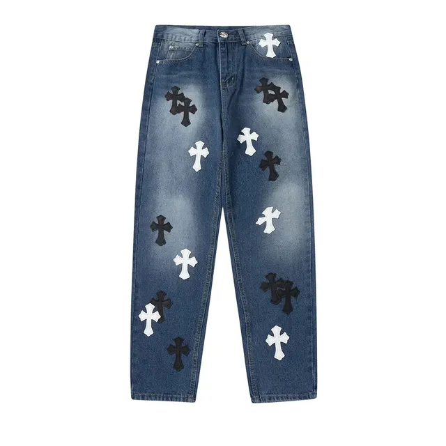 Chrome Hearts Cross Patch Jeans Black and White Cross Embroidery