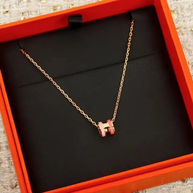 Hermès H Pendant Necklace Rose Enamel