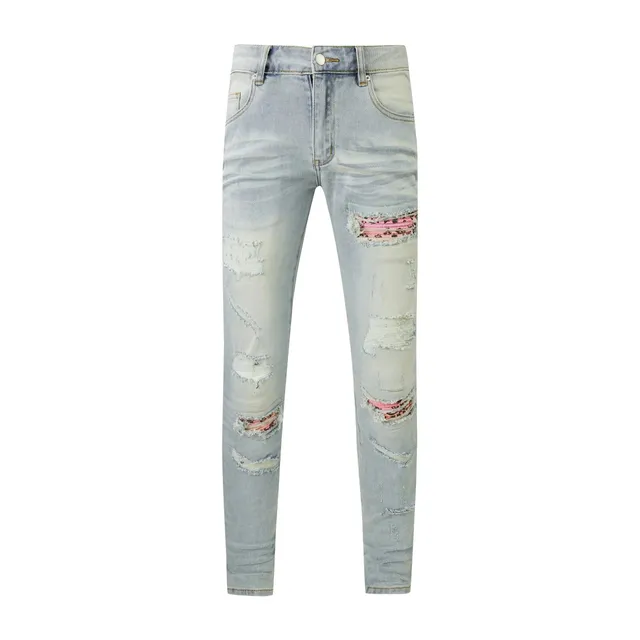Distressed Slim Fit Jeans Light Wash with Pink Patchwork