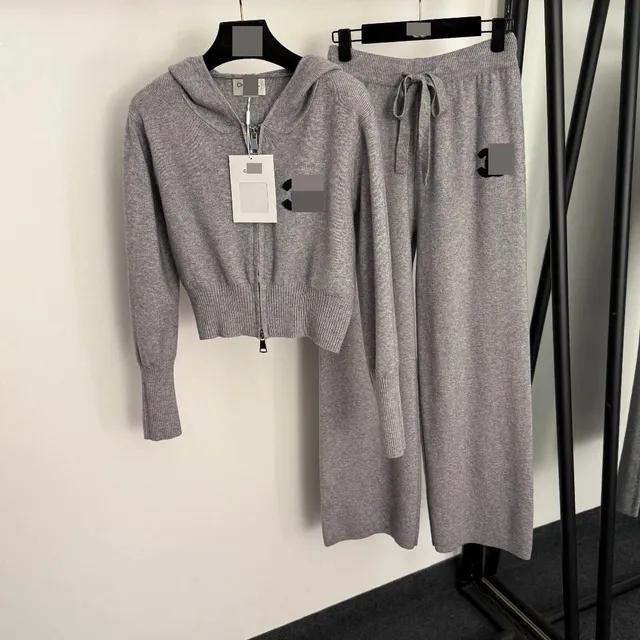 Chanel Hooded Zip-Up Sweater and Wide-Leg Pants Set Heather Grey Knit