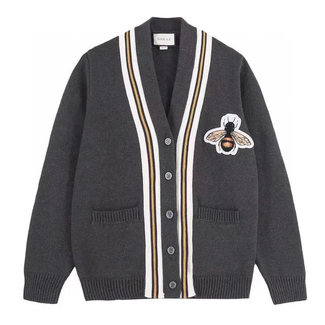 Gucci Bee Embroidered Cardigan Striped Trim