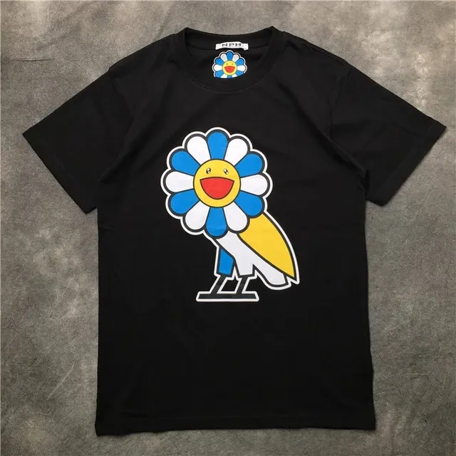 KAWS × Takashi Murakami Flower Dog Tee Black with Blue Yellow White Graphic